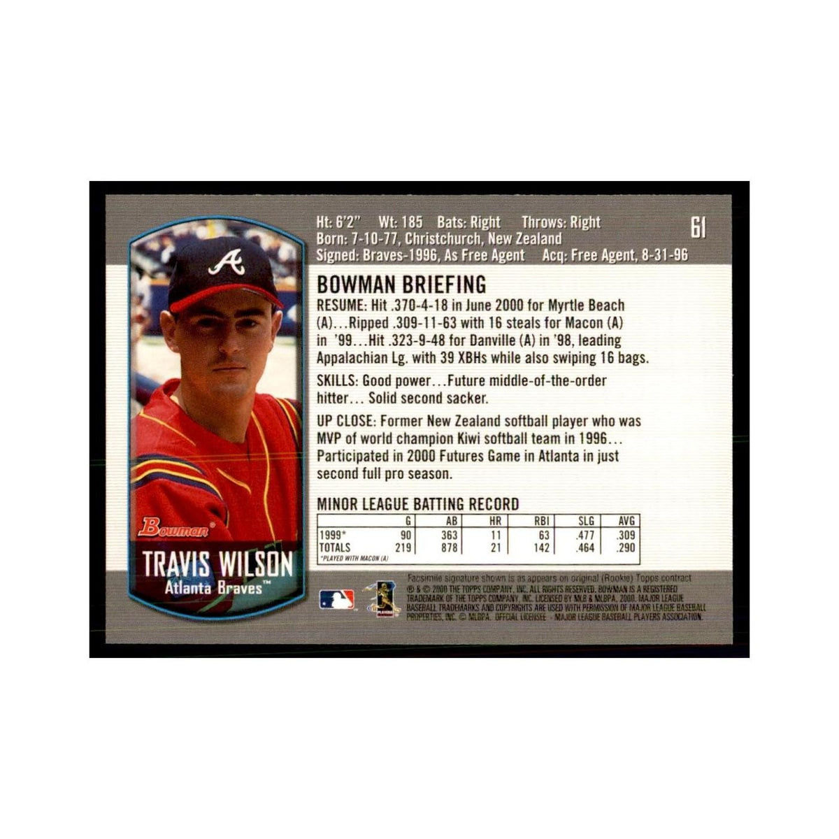 2000 Bowman Draft Picks & Rookies Travis Wilson Baseball Cards #61