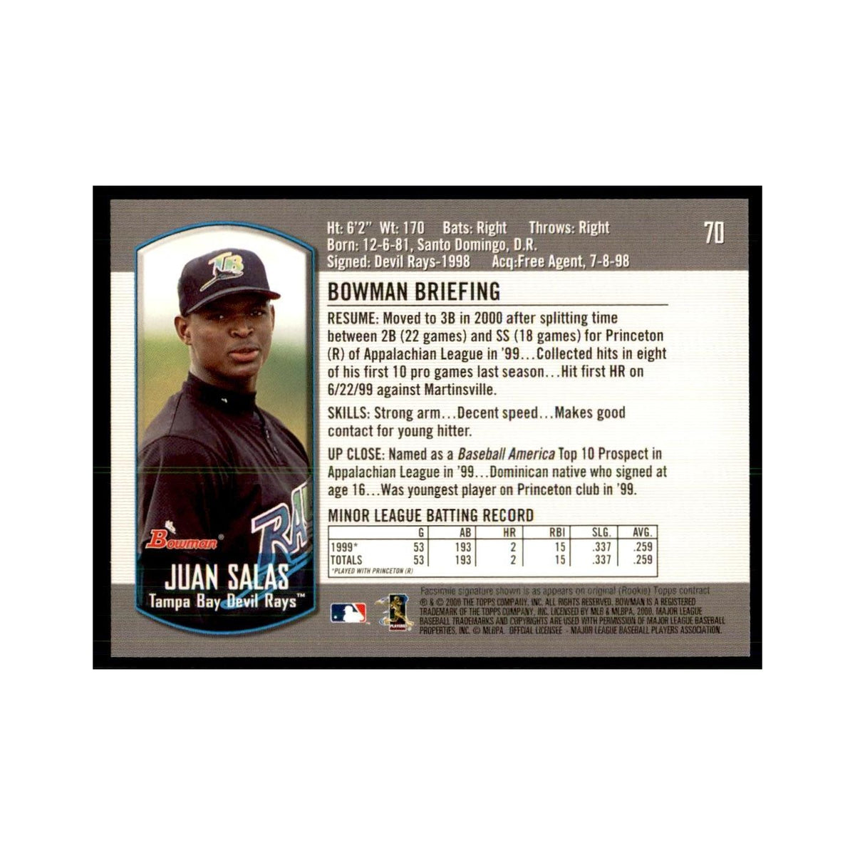 2000 Bowman Draft Picks & Rookies Juan Salas Baseball Cards #70