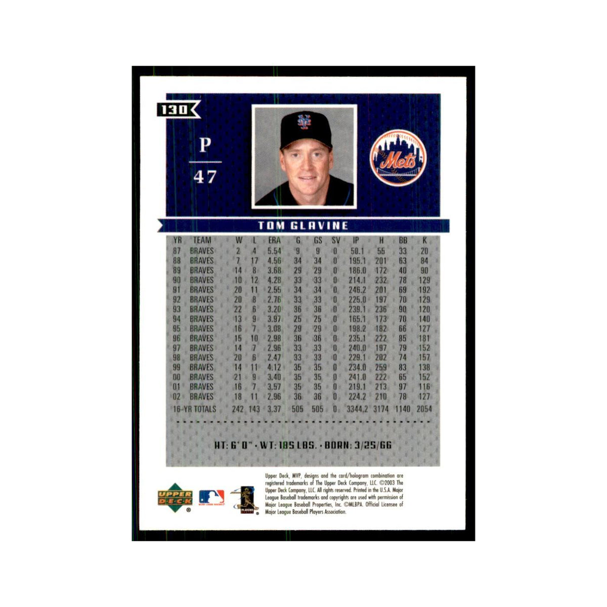 2003 Upper Deck MVP Tom Glavine Baseball Cards #130