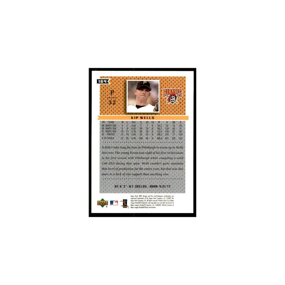 2003 Upper Deck MVP Kip Wells Baseball Cards #164