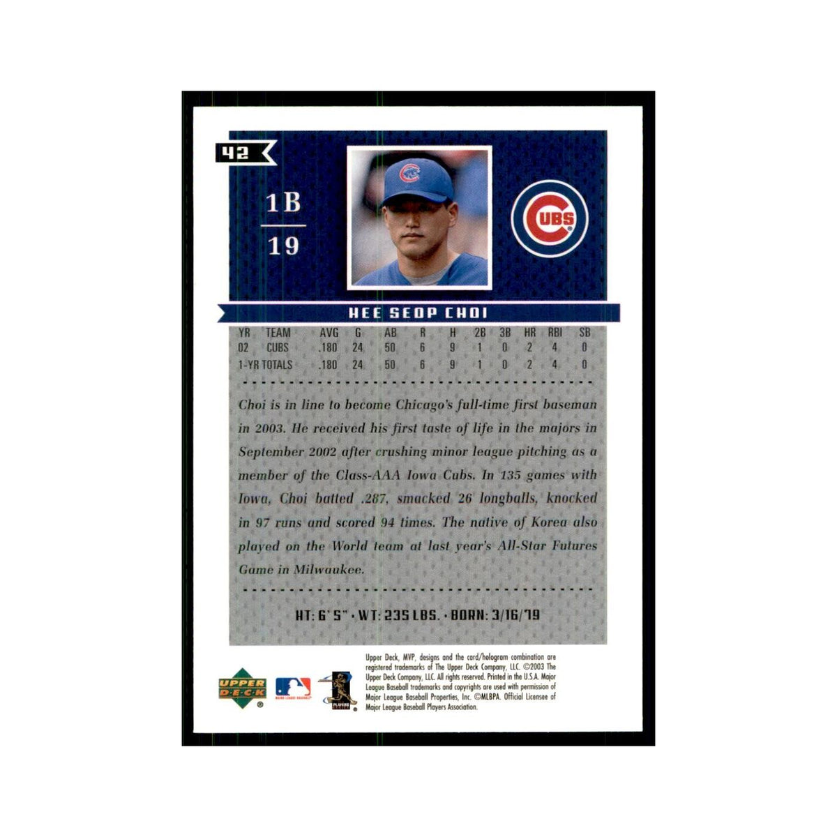 2003 Upper Deck MVP Hee Seop Choi Baseball Cards #42