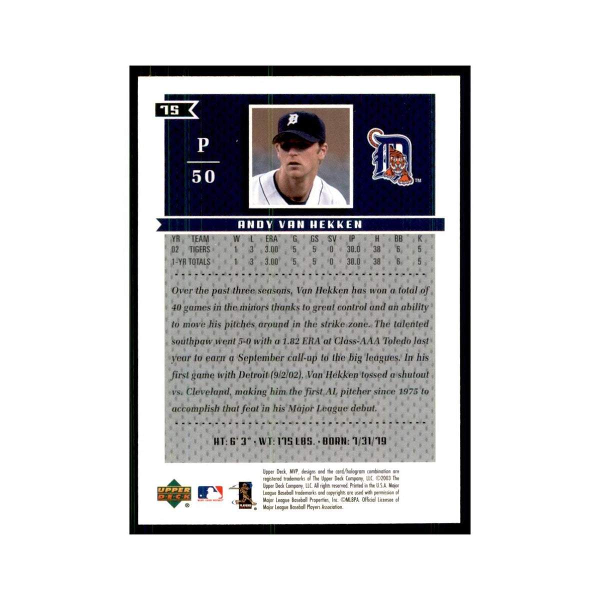 2003 Upper Deck MVP Andy Van Hekken Baseball Cards #75
