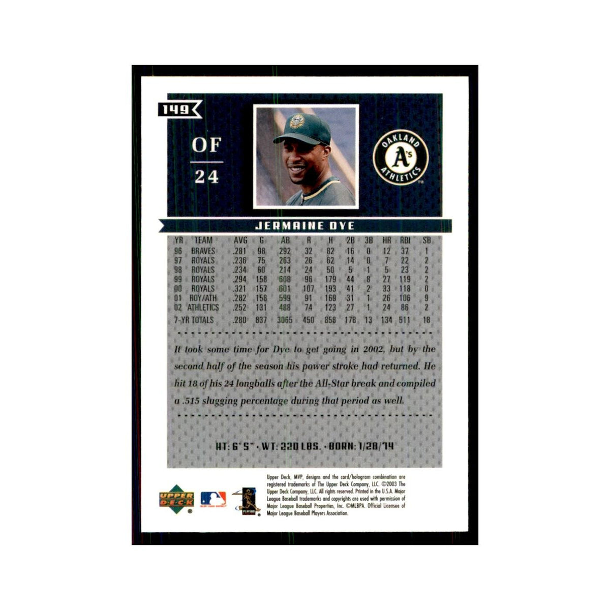 2003 Upper Deck MVP Jermaine Dye Baseball Cards #149
