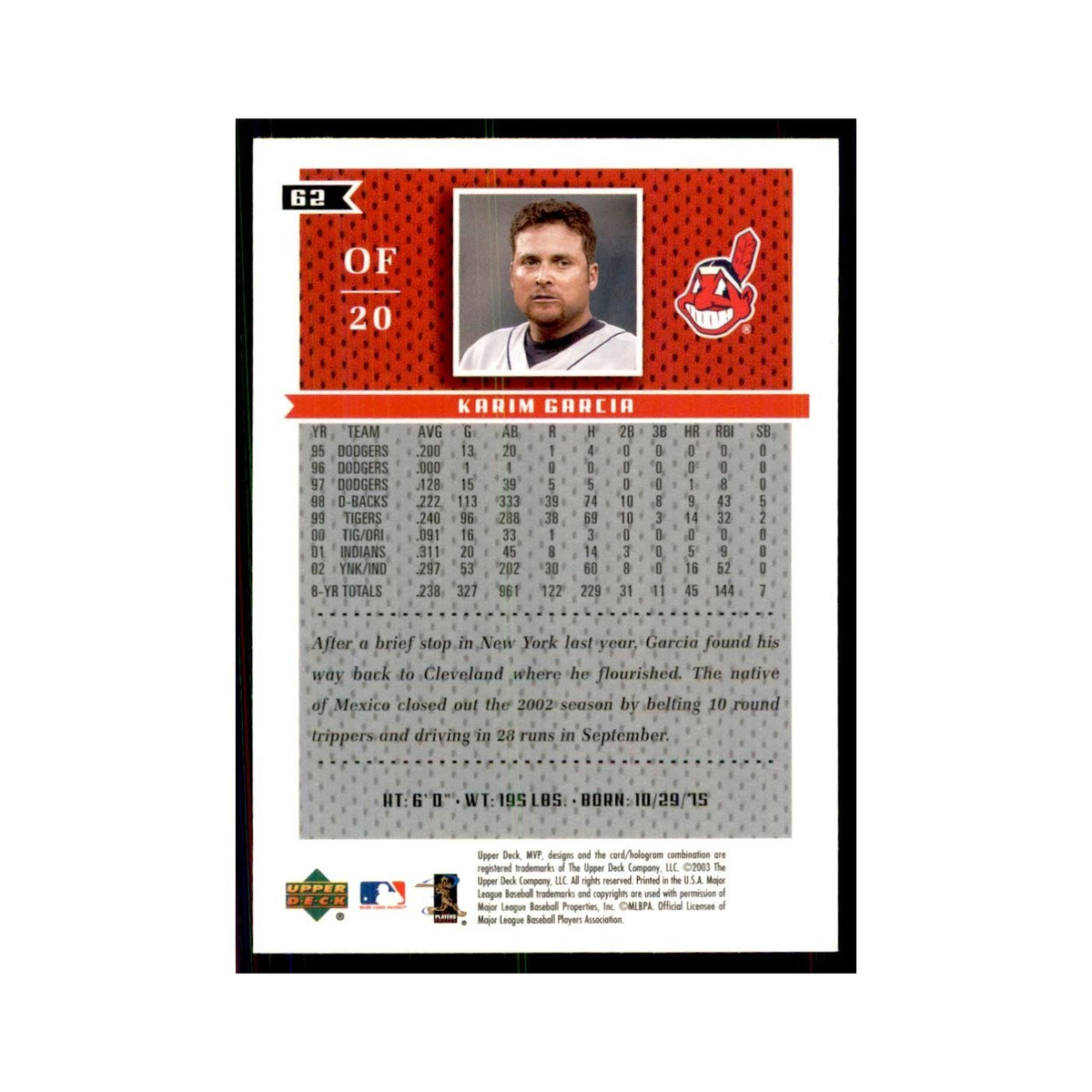 2003 Upper Deck MVP Karim Garcia Baseball Cards #62
