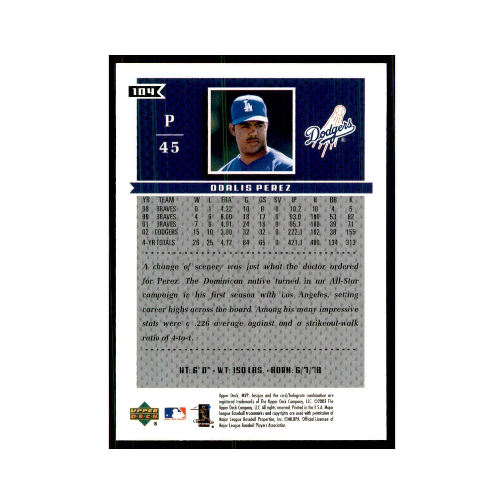 2003 Upper Deck MVP Odalis Perez Baseball Cards #104