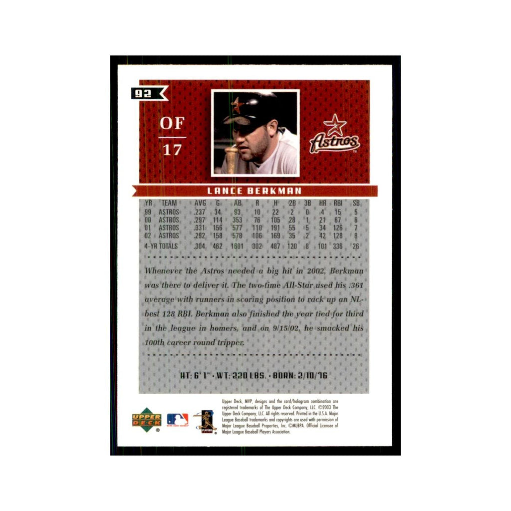 2003 Upper Deck MVP Lance Berkman Baseball Cards #92