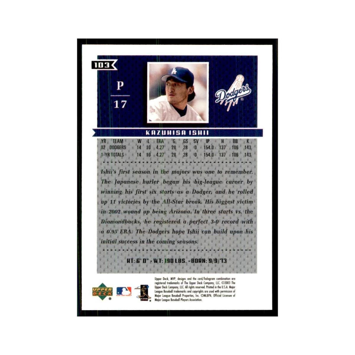2003 Upper Deck MVP Kazuhisa Ishii Baseball Cards #103