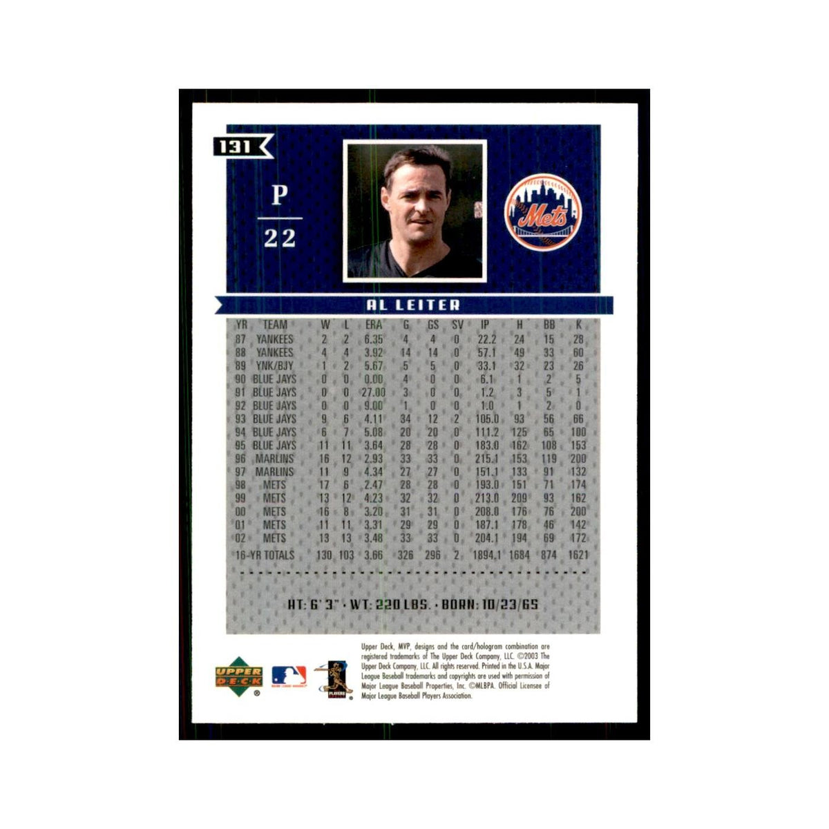 2003 Upper Deck MVP Al Leiter Baseball Cards #131