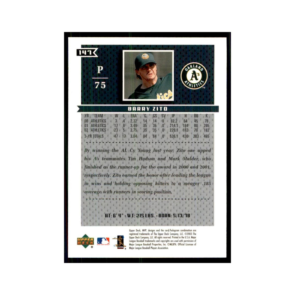 2003 Upper Deck MVP Barry Zito Baseball Cards #147