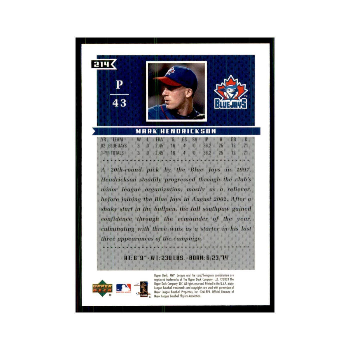 2003 Upper Deck MVP Mark Hendrickson Baseball Cards #214