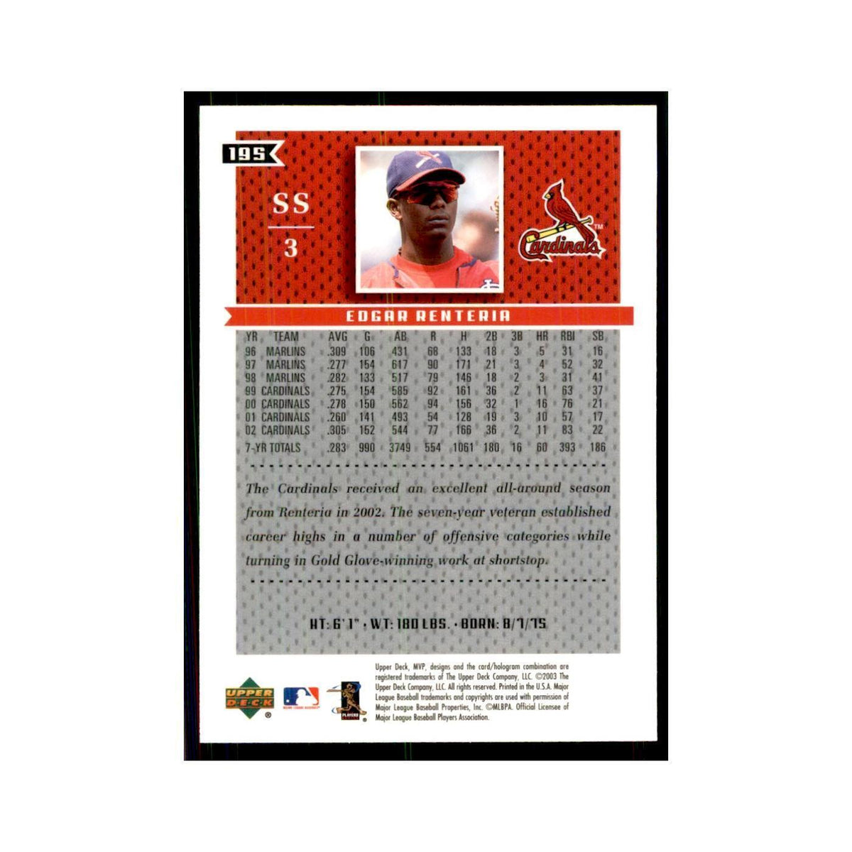 2003 Upper Deck MVP Edgar Renteria Baseball Cards #195