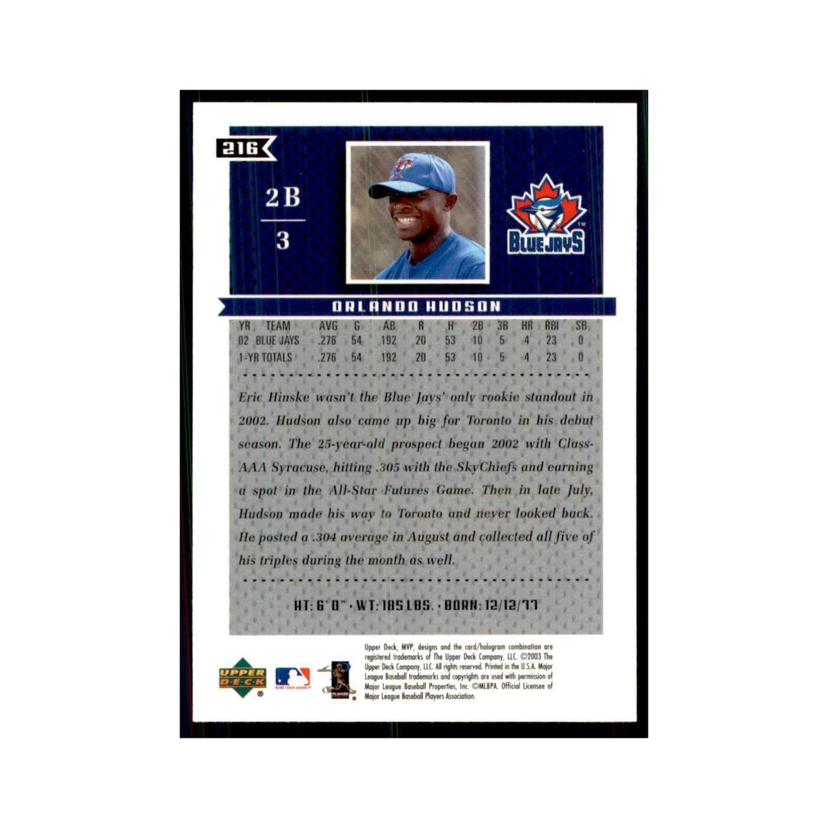 2003 Upper Deck MVP Orlando Hudson Baseball Cards #216
