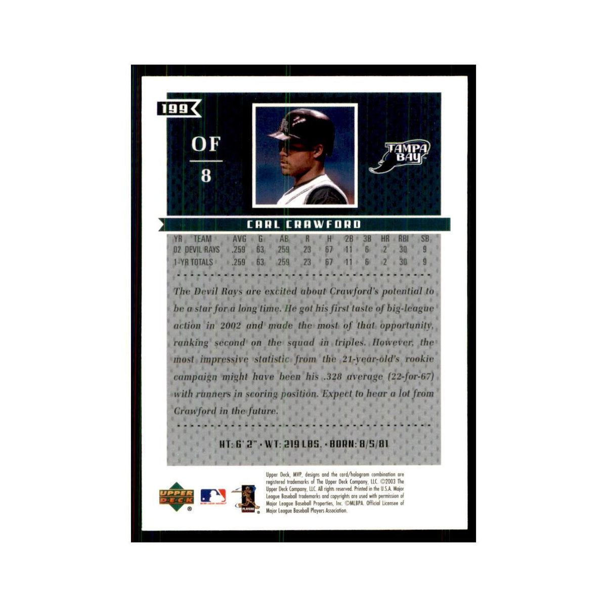 2003 Upper Deck MVP Carl Crawford Baseball Cards #199