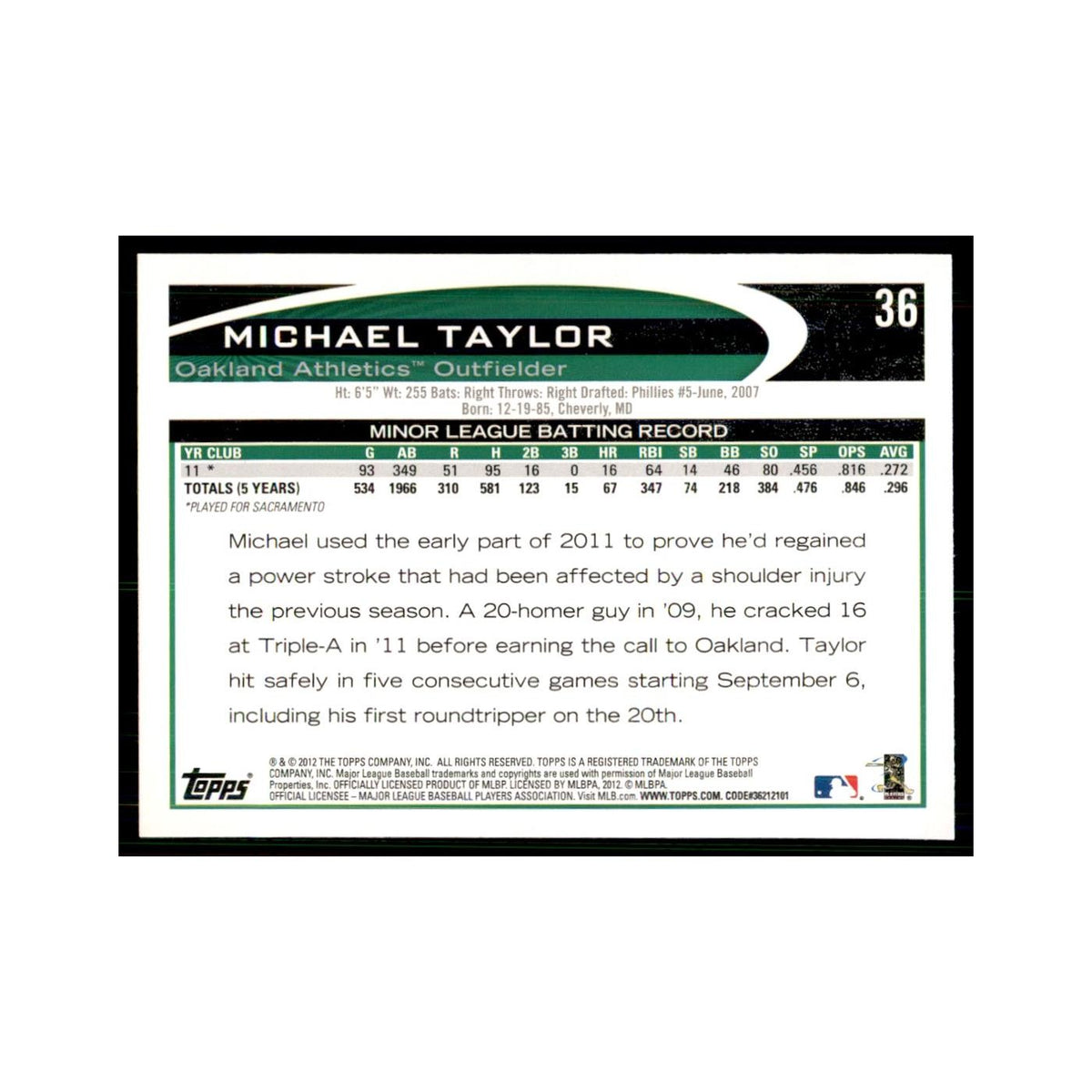 2012 Topps Michael Taylor Baseball Cards #36