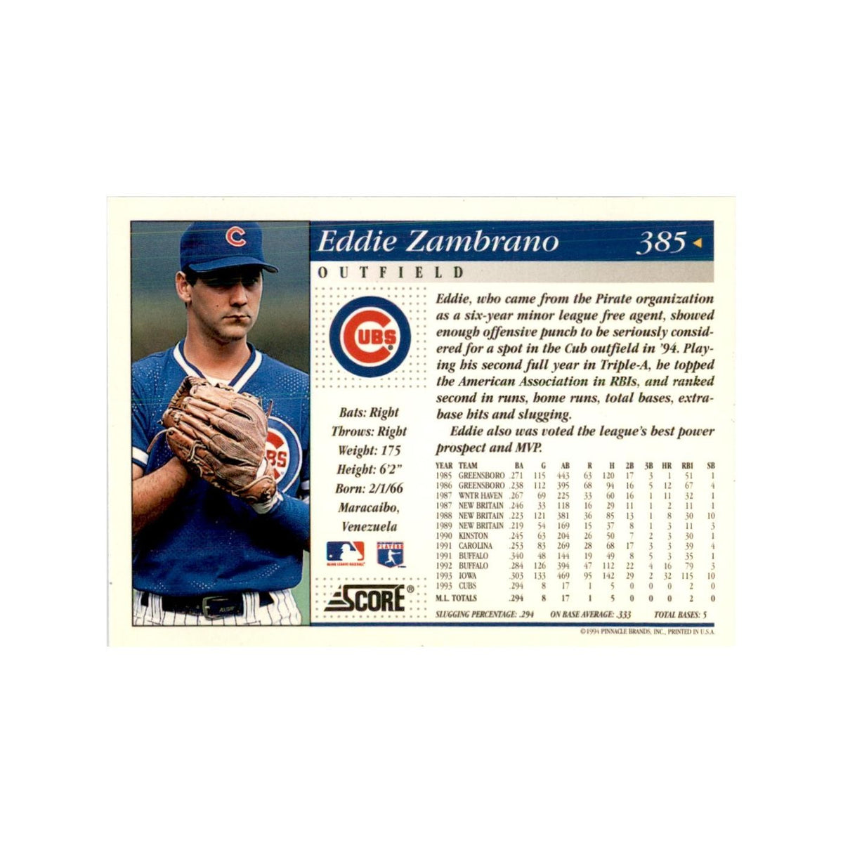 1994 Score Eddie Zambrano Baseball Cards #385