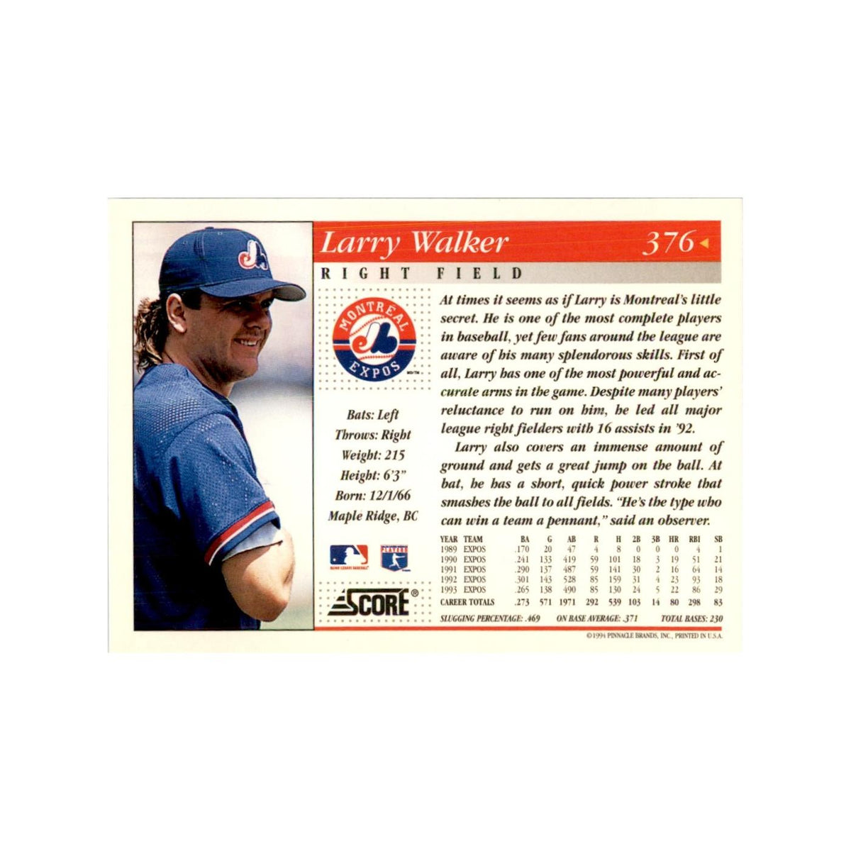 1994 Score Larry Walker Baseball Cards #376