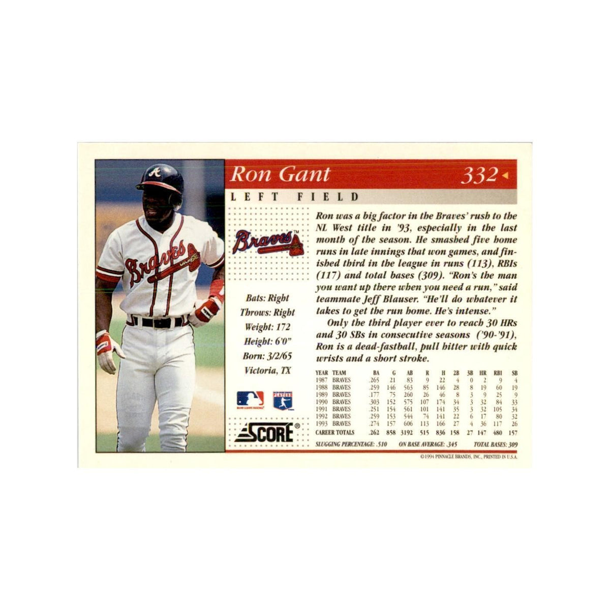 1994 Score Ron Gant Baseball Cards #332