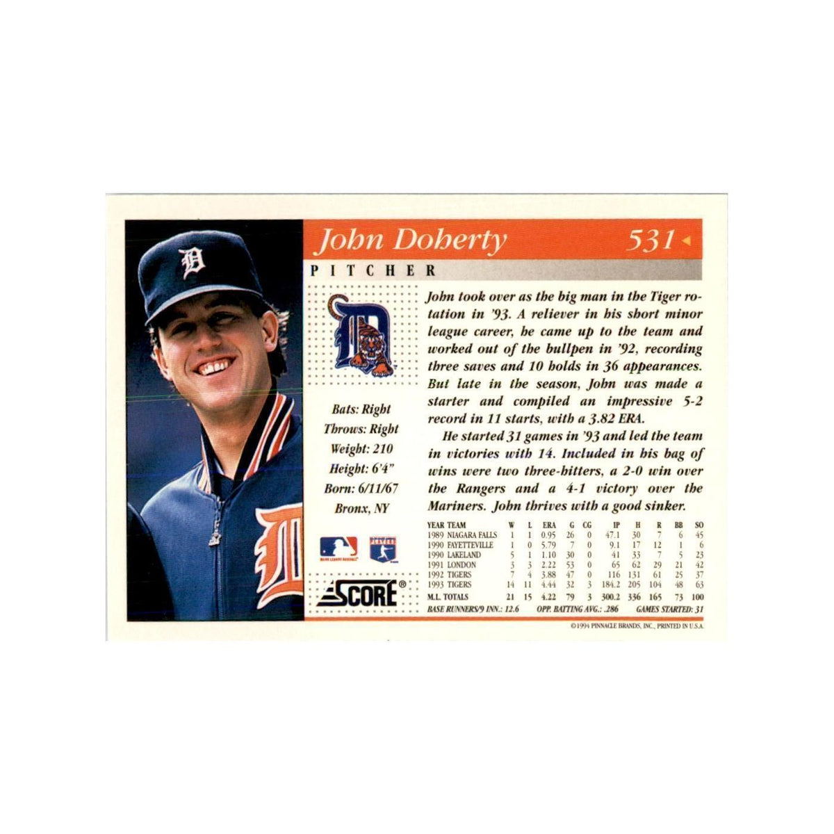 1994 Score John Doherty Baseball Cards #531