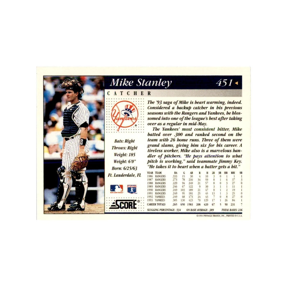 1994 Score Mike Stanley Baseball Cards #451
