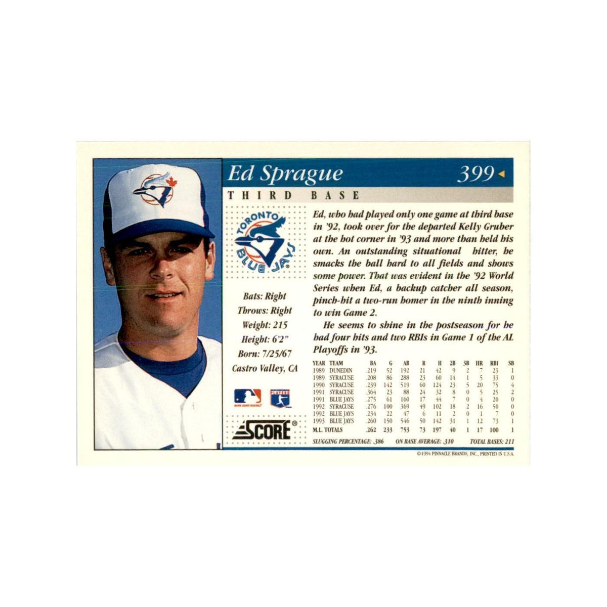 1994 Score Ed Sprague Baseball Cards #399
