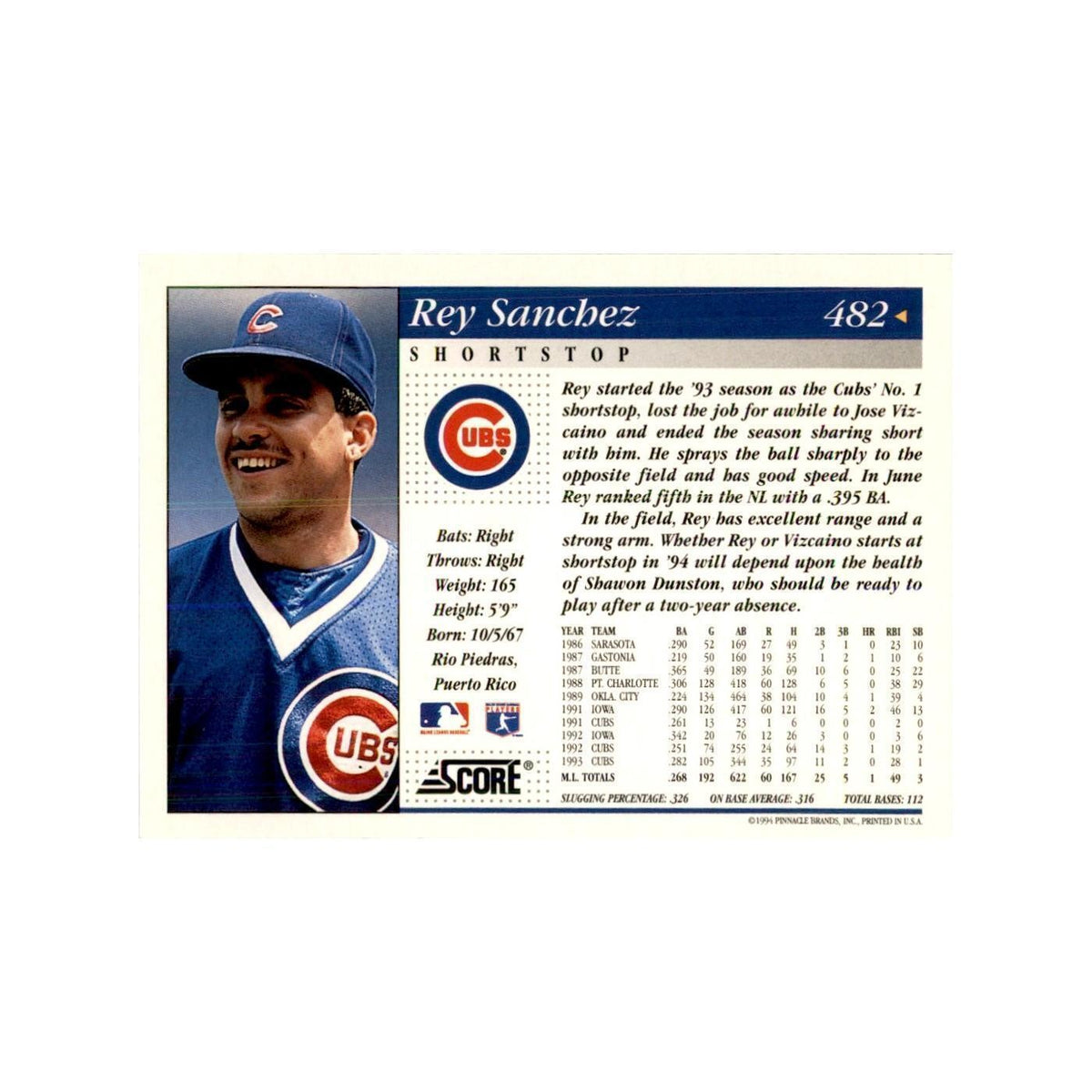 1994 Score Rey Sanchez Baseball Cards #482