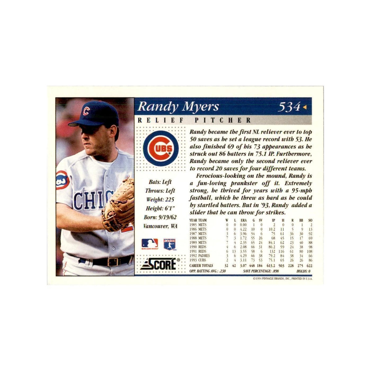 1994 Score Randy Myers Baseball Cards #534