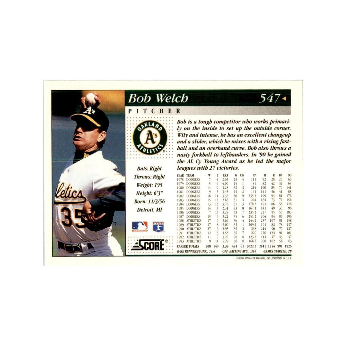 1994 Score Bob Welch Baseball Cards #547