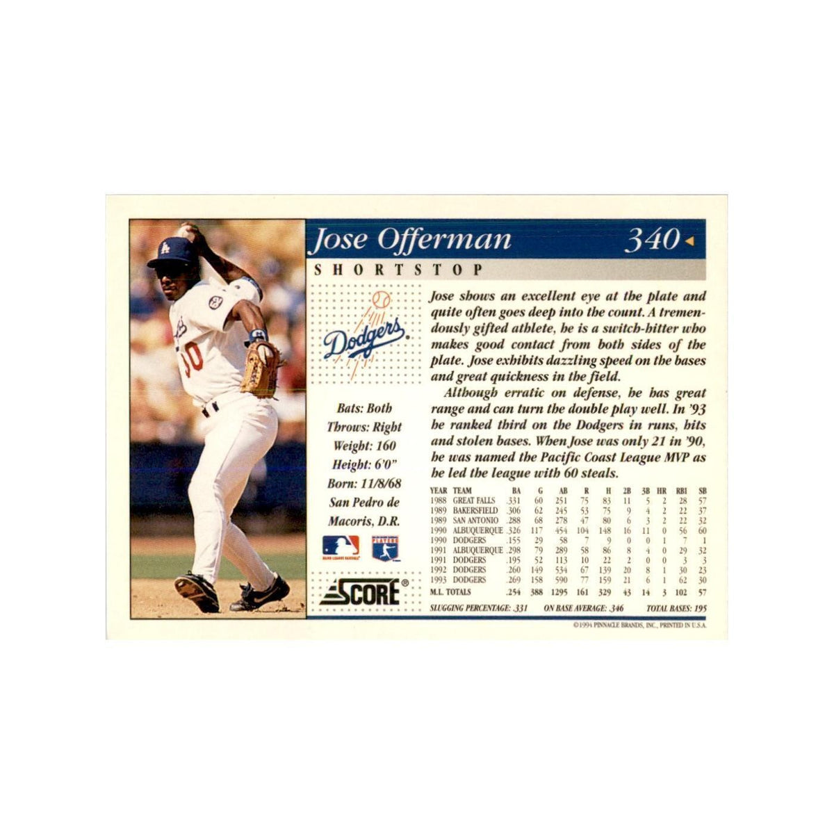 1994 Score Jose Offerman Baseball Cards #340