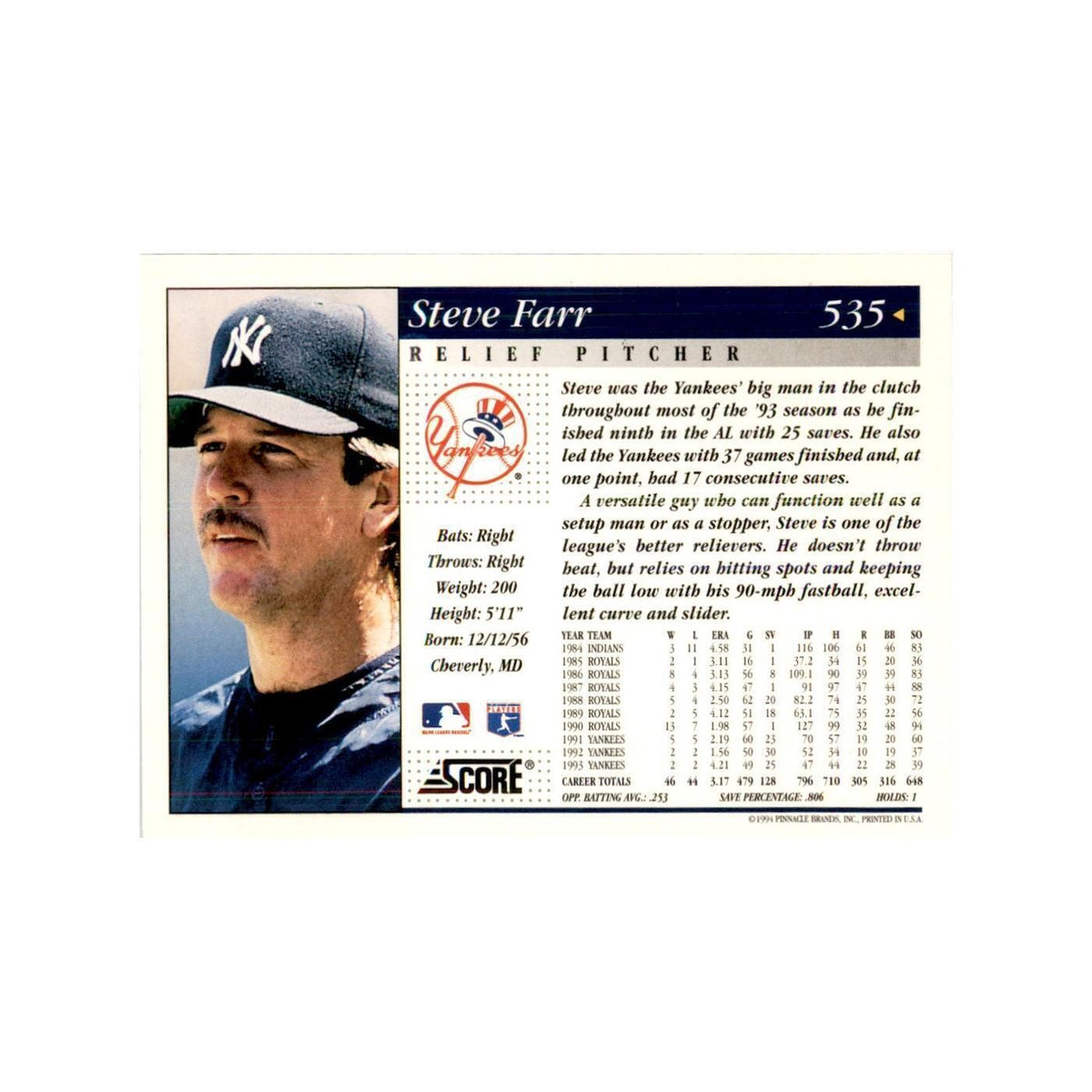 1994 Score Steve Farr Baseball Cards #535