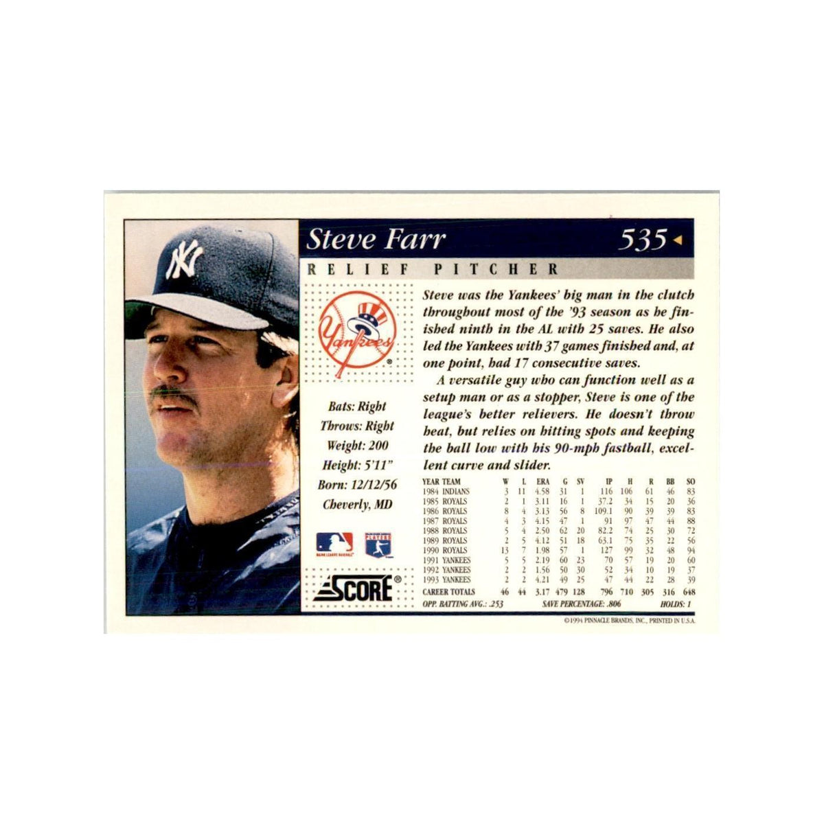 1994 Score Steve Farr Baseball Cards #535