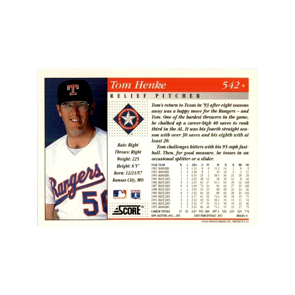 1994 Score Tom Henke Baseball Cards #542