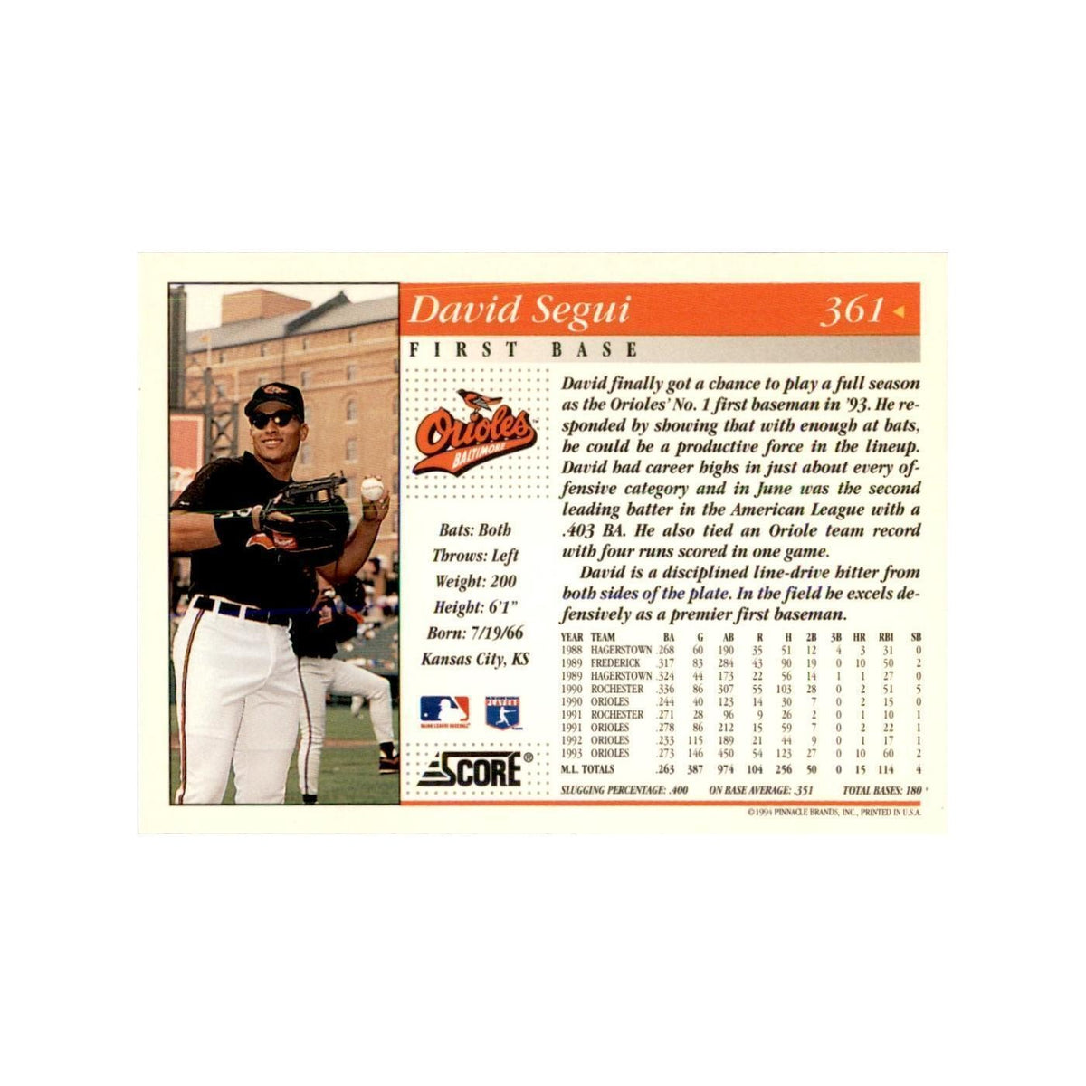 1994 Score David Segui Baseball Cards #361