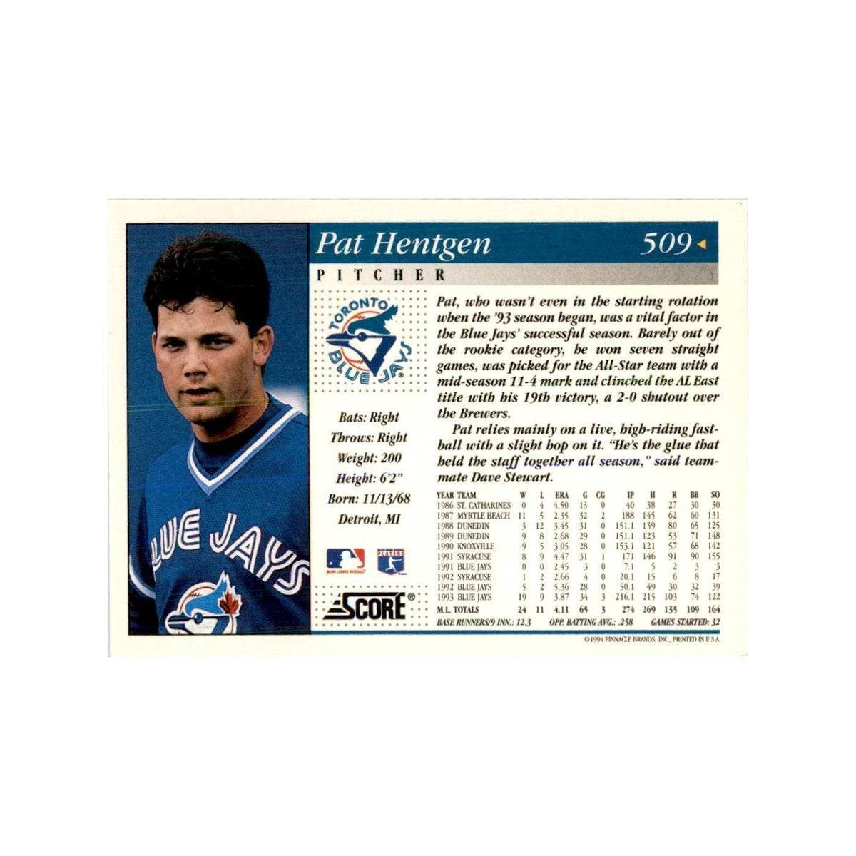 1994 Score Pat Hentgen Baseball Cards #509