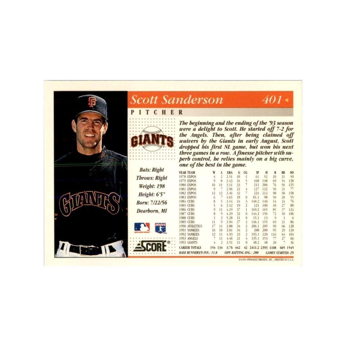 1994 Score Scott Sanderson Baseball Cards #401