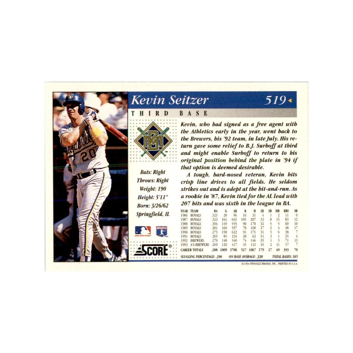 1994 Score Kevin Seitzer Baseball Cards #519
