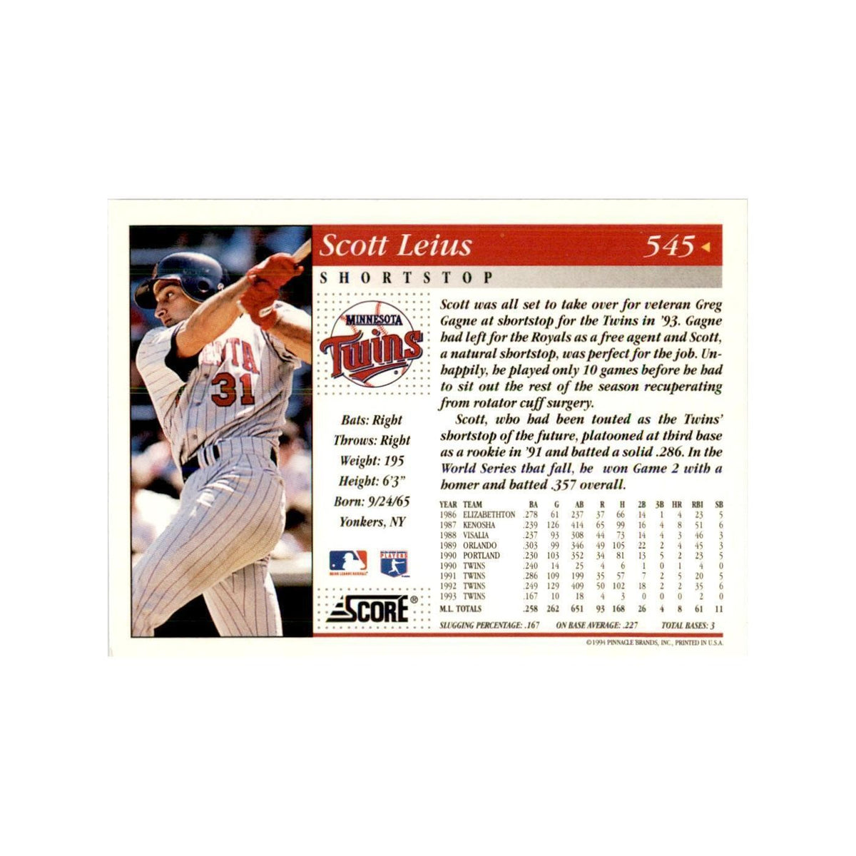 1994 Score Scott Leius Baseball Cards #545