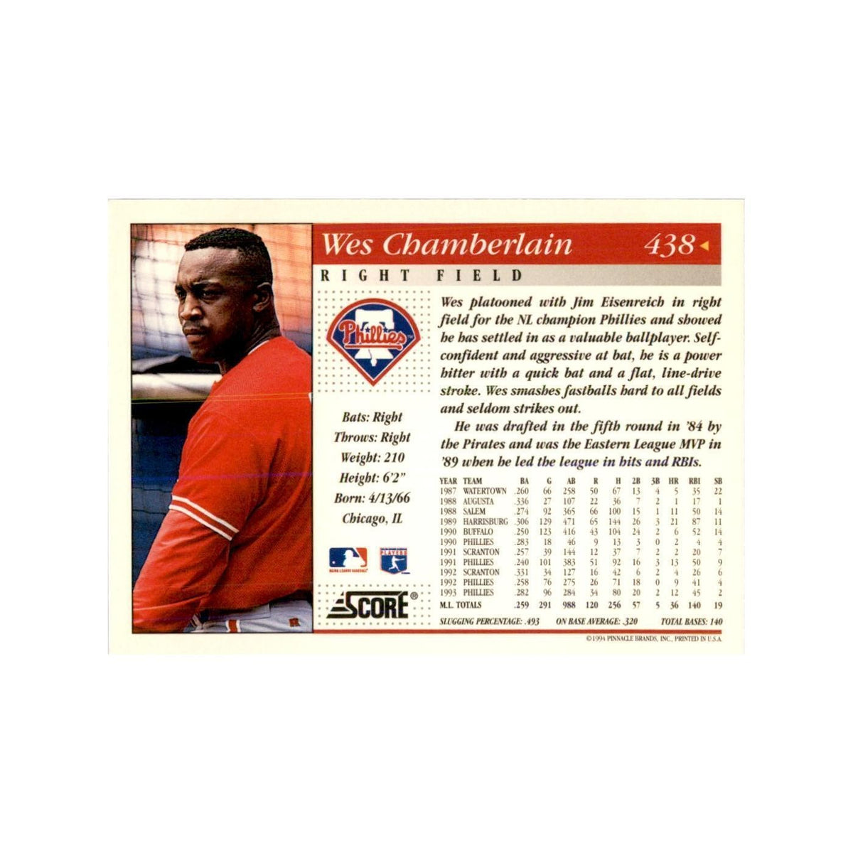 1994 Score Wes Chamberlain Baseball Cards #438