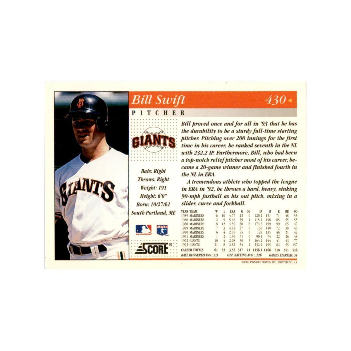 1994 Score Bill Swift Baseball Cards #430