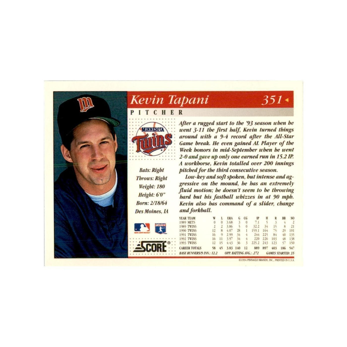 1994 Score Kevin Tapani Baseball Cards #351