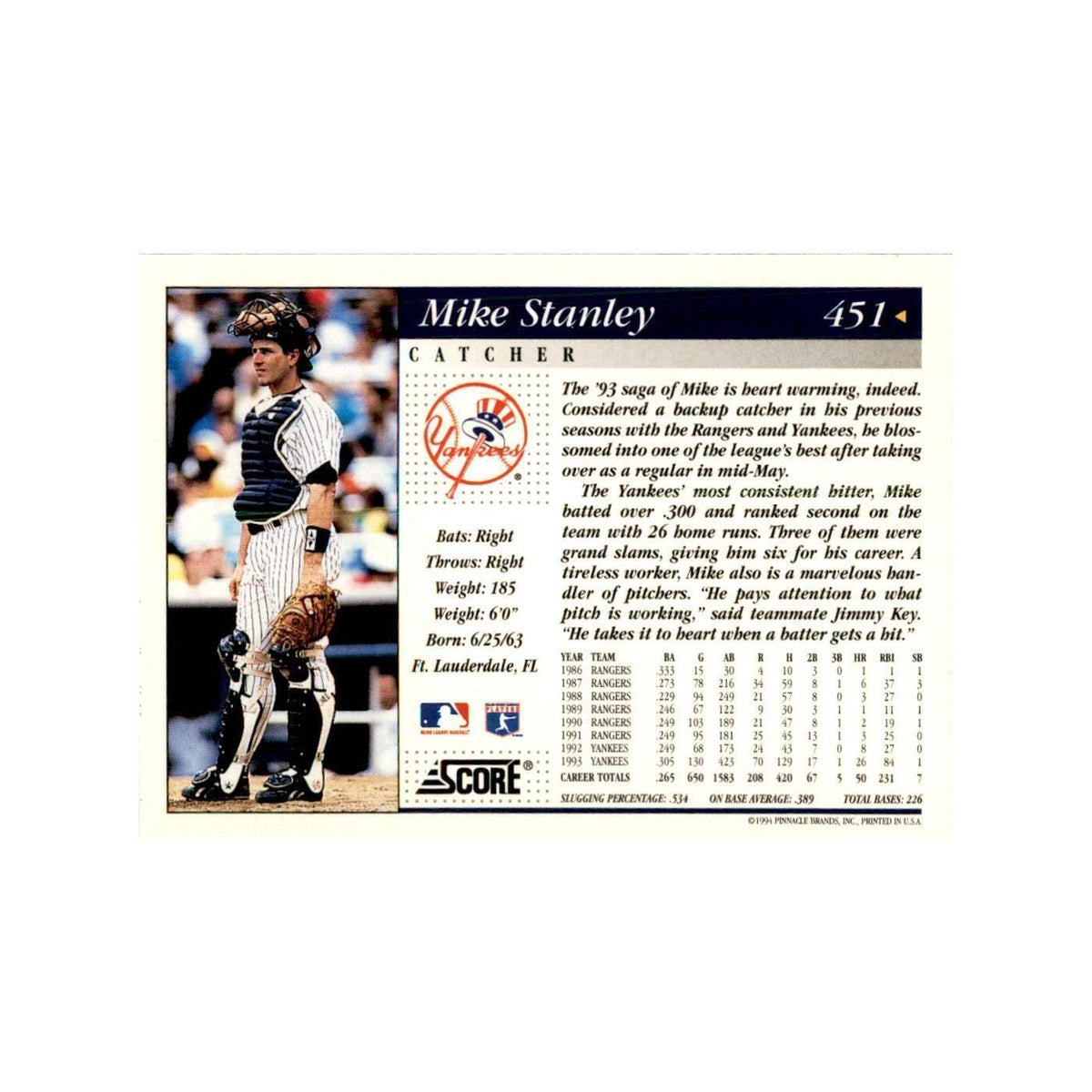 1994 Score Mike Stanley Baseball Cards #451