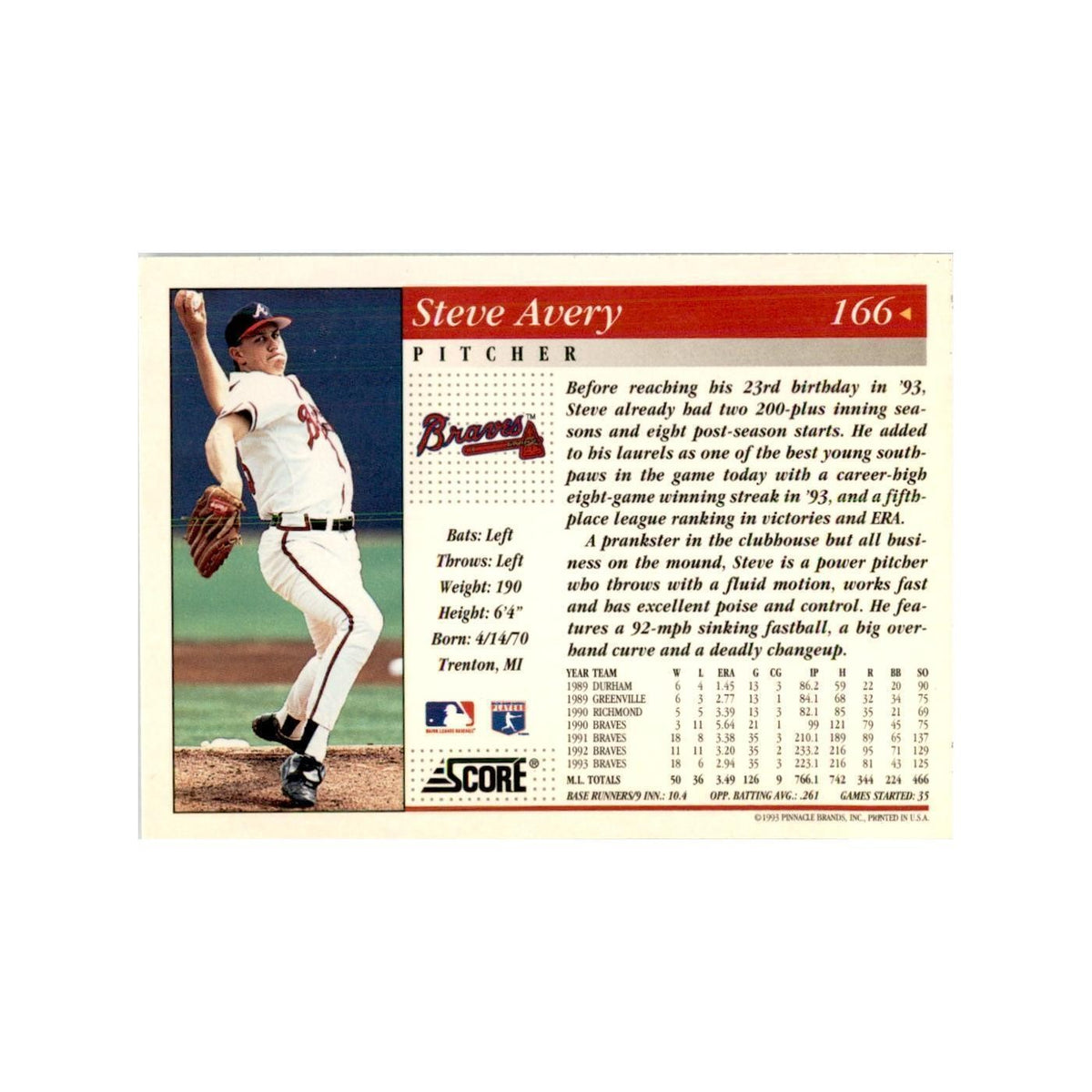 1994 Score Steve Avery Baseball Cards #166