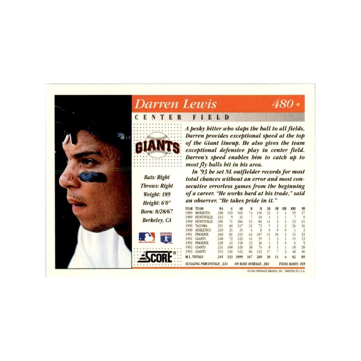 1994 Score Darren Lewis Baseball Cards #480