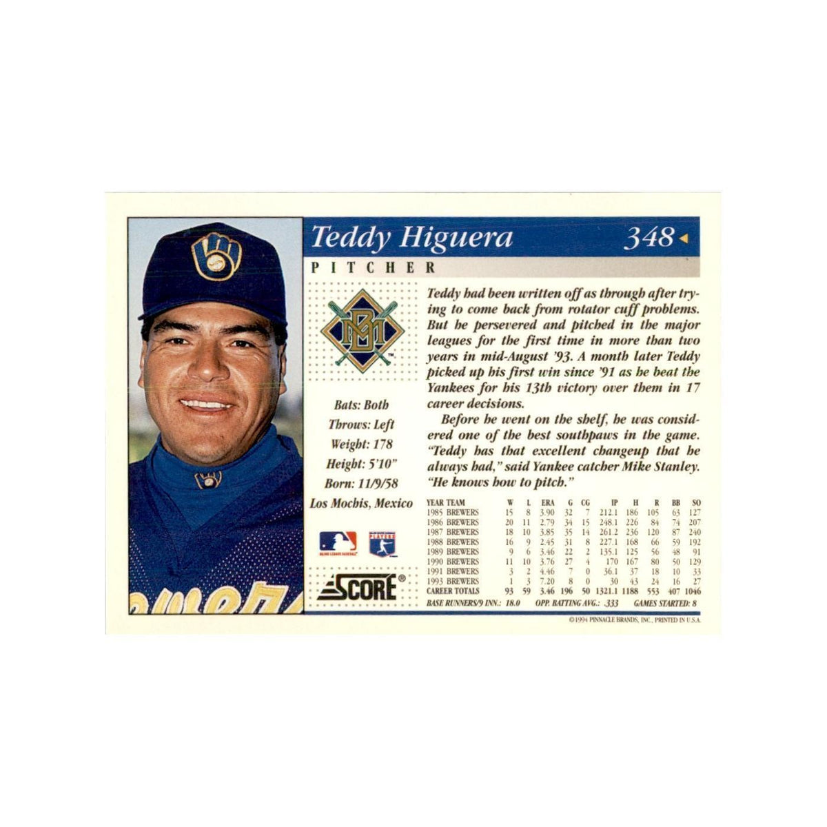 1994 Score Teddy Higuera Baseball Cards #348