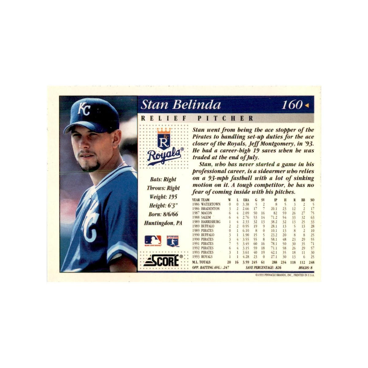 1994 Score Stan Belinda Baseball Cards #160
