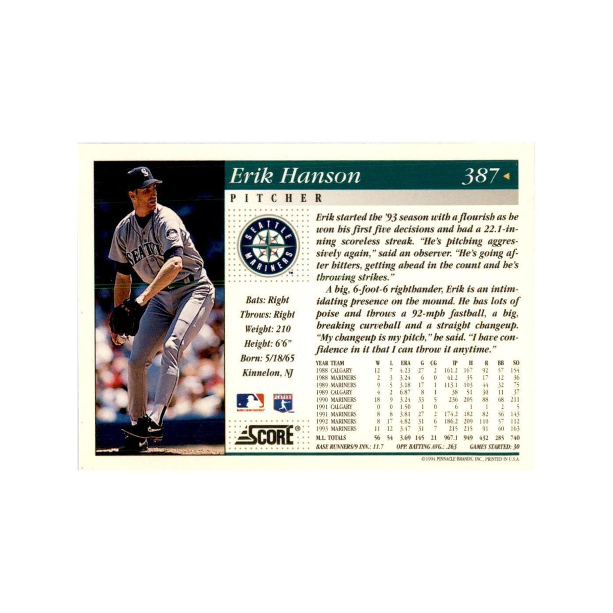 1994 Score Erik Hanson Baseball Cards #387