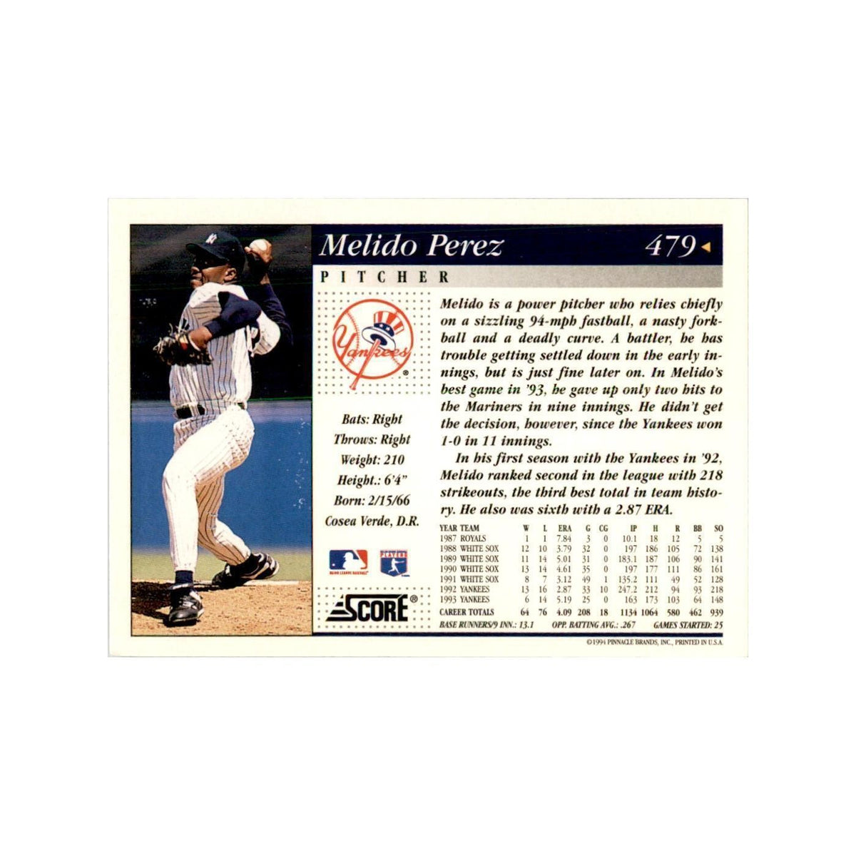 1994 Score Melido Perez Baseball Cards #479