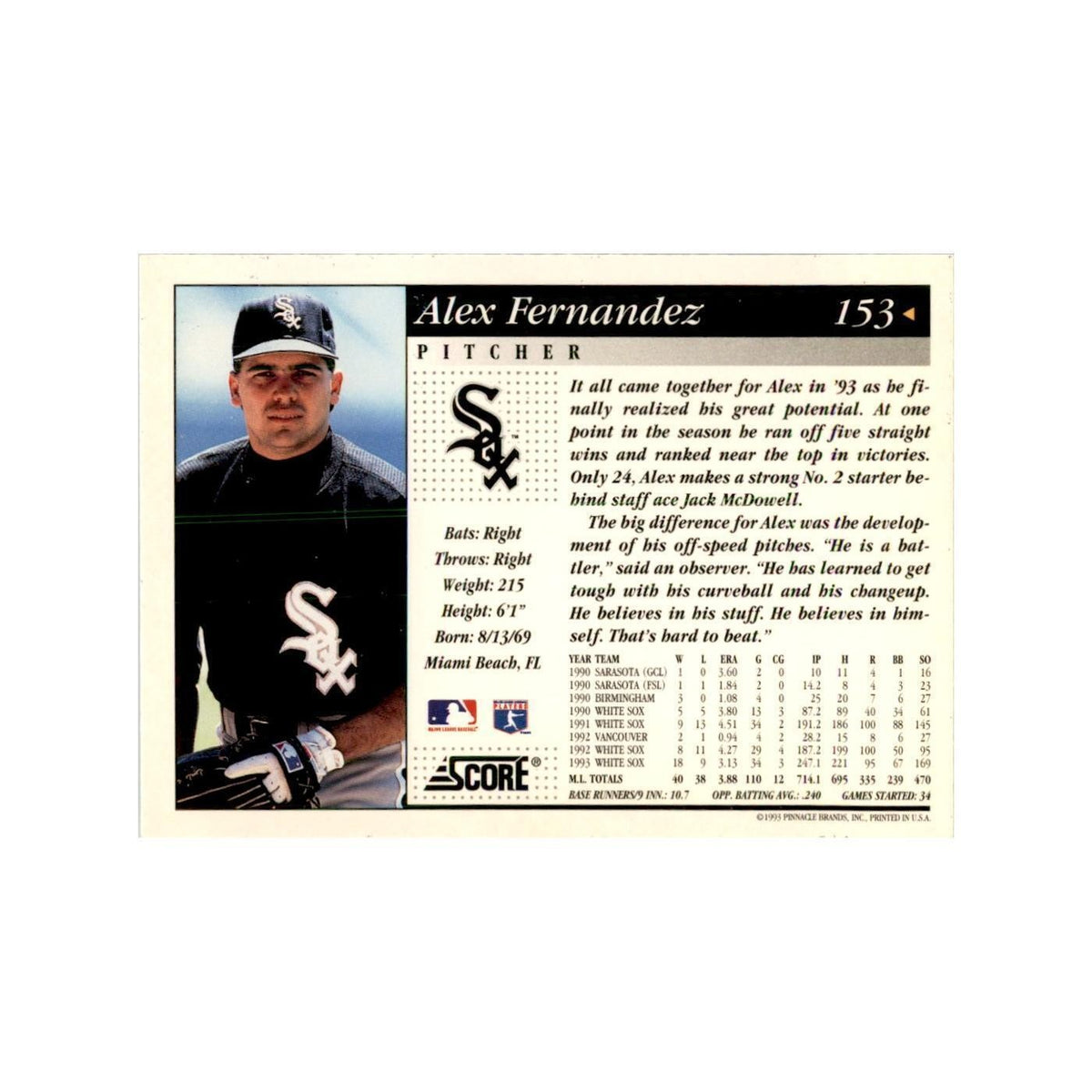 1994 Score Alex Fernandez Baseball Cards #153