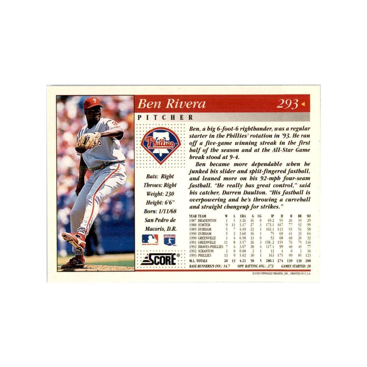 1994 Score Ben Rivera Baseball Cards #293