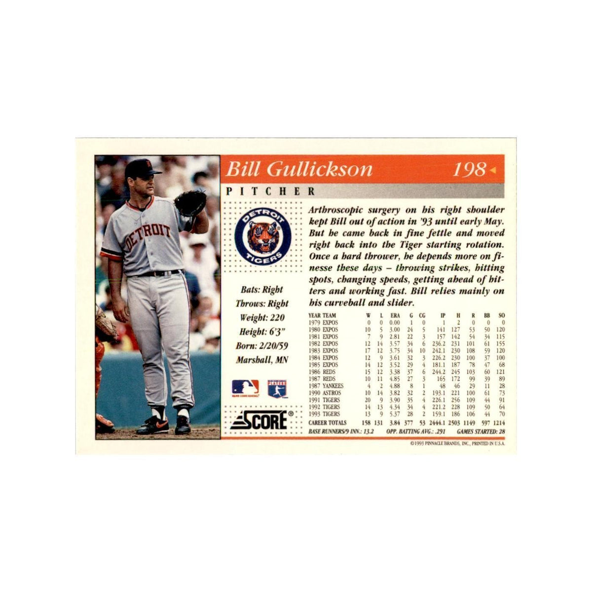 1994 Score Bill Gullickson Baseball Cards #198