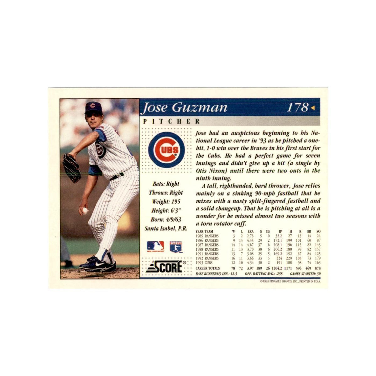 1994 Score Jose Guzman Baseball Cards #178